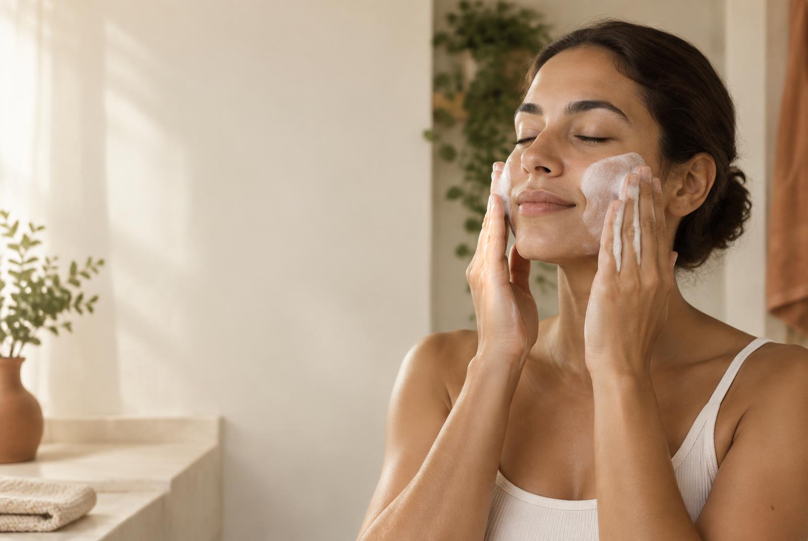 Mulher massageando suavemente espuma de limpeza no rosto